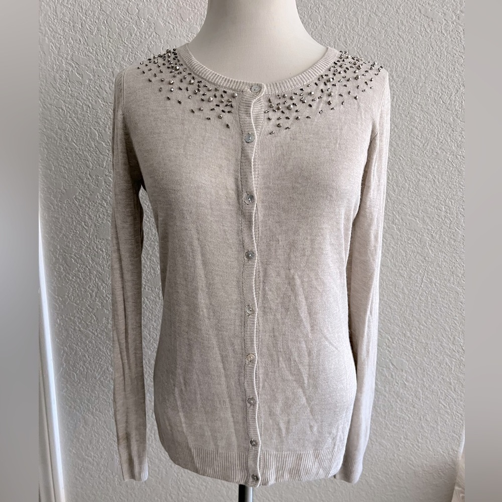 Collection Costa Blanca beaded cream neutral beaded cardigan women’s size M New